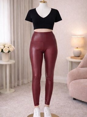 Women's Burgundy Faux Leather Leggings